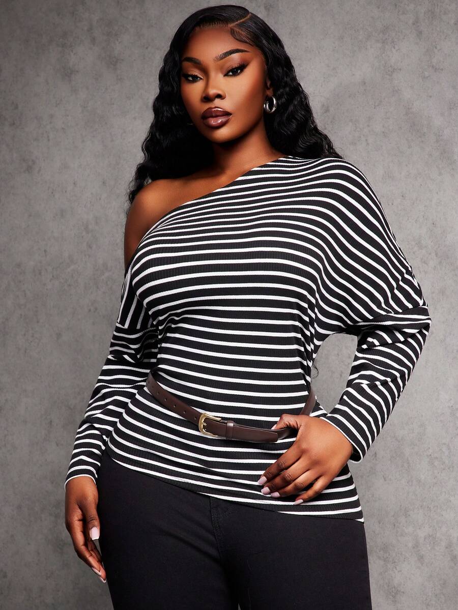 SHEIN SXY Plus Size Women's Black & White Striped Asymmetrical Shoulder Oblique Collar Fitted Waist Asymmetric Hem Long Sleeve T-Shirt, Autumn/Winter - Black and White - View 1