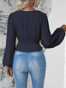 SHEIN LUNE Elegant Commuter Solid Color Lantern Sleeve Ruched Waist Shirt - Navy Blue - View 2