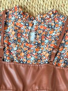 2 件套青少年女孩休闲 PU 皮革吊带背心和印花荷叶边长袖连衣裙，中式领，优雅日常装扮，春秋季 - 咖啡棕 - 查看 6