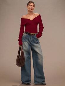 SHEIN BAE 女士优雅纯色修身长袖毛衣，秋冬季，红色上衣，情人节 - 酒紅色 - 查看 4