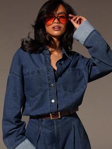 Denim Mono vaquero de manga larga con bolsillo, de unicolor y casual para mujer - Azul lavado oscuro - Ver 2