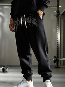 Gym Rark 男士印花抽绳腰带口袋休闲慢跑裤宽松健身服运动裤哥特风健身服舒适超柔软撞色包边宽松健身裤 - 黑色 - 查看 3