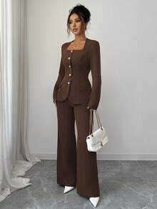 Elenzga 2pcs Women's Suit Fabric Trapezoid Collar Front Metal Button Waist A-Line Hem Slit Pockets Long Sleeve Shirt + Straight Pants Solid Color Elegant Office Commute Streetwear Autumn Winter Fashion Versatile Business Casual Thanksgiving Afternoon Tea Party Back To School - Coffee Brown - View 5