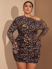 SHEIN BAE Plus Size Women's Leopard Print One Shoulder Bell Sleeve Sexy Mini Dress, Ruched Tight Fit, Suitable For Party And Date, Romantic Flirty/Christmas Dress - Brown - View 6