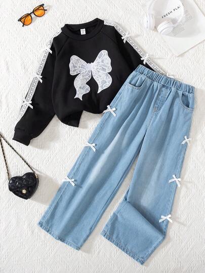Genkimix Kids 秋冬新款时尚休闲女套装甜美蝴蝶结刺绣蕾丝拼布袖圆领卫衣+宽松直筒阔腿牛仔裤2件套