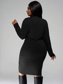 SHEIN PETITE CURVE Herbst Langarm Raffung Taille figurbetontes schwarzes Kurzkleid für Frauen - Schwarz - Übersicht 2