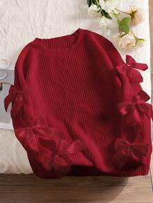 CosyJoli Plus Size Crew Neck Long Sleeve Loose Knit Sweater With Bowknot Decor, Autumn/Fall, Winter,Slightly Sheer - Red - View 4