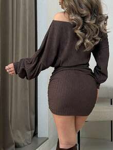 Jemour Damen Oversize Langarm Thermo Gestrickter Pullover Herbst Winter Damen Kleidung Langarm Boho Winter Kleid, Kälte Wetter Kleidung, Weihnachtsparty, Herbst Damen Kleider, Weihnachten Damen Kleidung, Party Damen Kleider, Abendkleid, Sommerkleid, Weihnachts Damen Kleid, Silvester Kleid, Elegante Damen Kleider, Off-Shoulder - Kaffeebraun - Übersicht 2