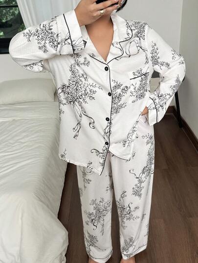 Miss Vinta 印花口袋翻领上衣和裤子加大码女式睡衣套装，曲线身材睡衣套装，新娘睡衣套装，冬季服装