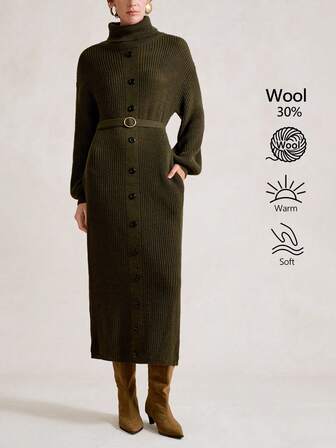 Aalyst Women's Minimalist Pocket Design Waist Belt Decor Long Sleeve Knit Sweater Dress, Autumn/Winter