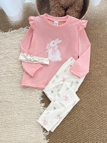 2件套幼儿女童可爱花卉印花长袖上衣和裤子休闲优雅睡衣 - 粉色 - 查看 1