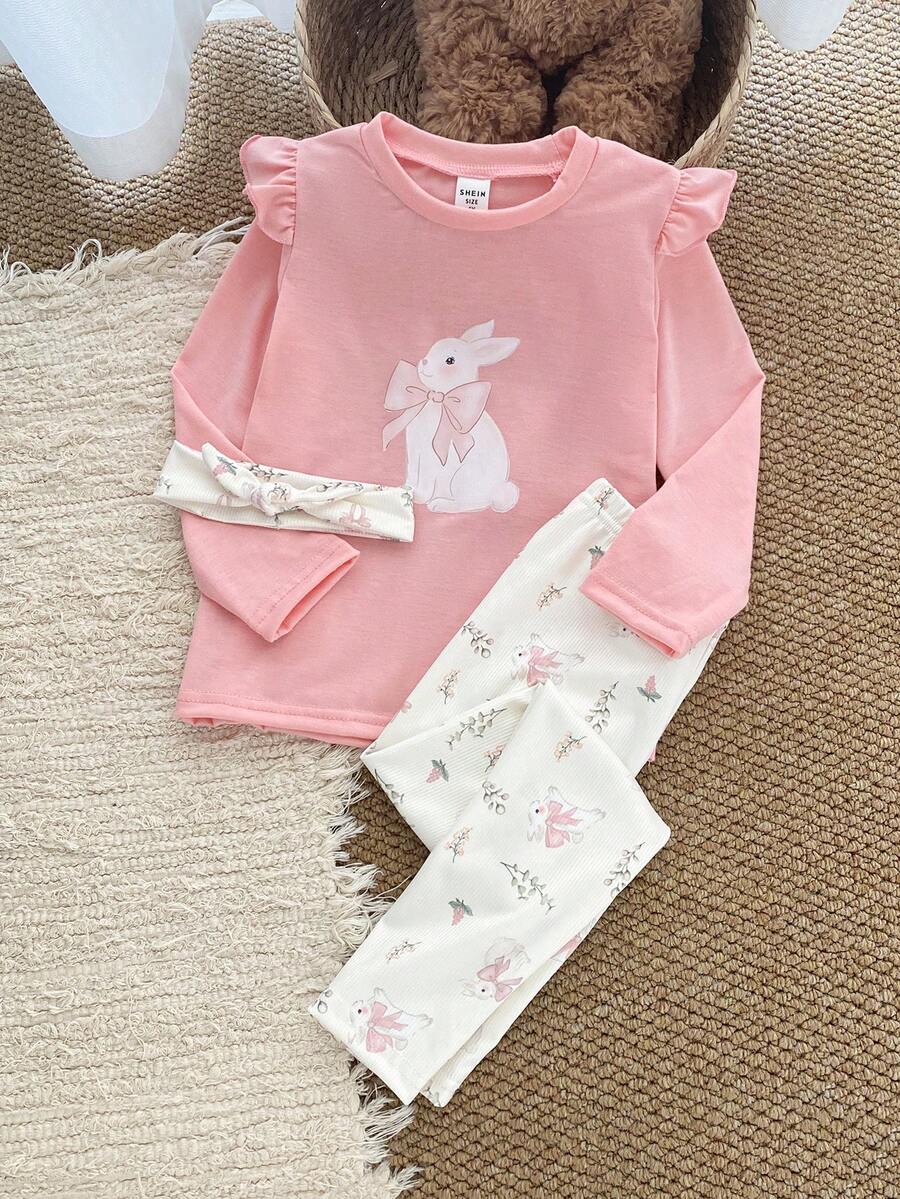 2件套幼儿女童可爱花卉印花长袖上衣和裤子休闲优雅睡衣 - 粉色 - 查看 1