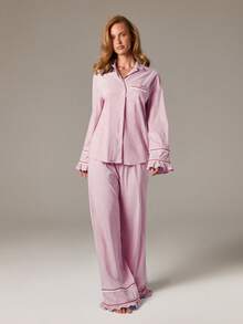 AiiRZ 休闲睡衣衬衫，配有胸袋和荷叶边袖口，条纹纽扣式睡衣上衣 - 粉色 - 查看 3