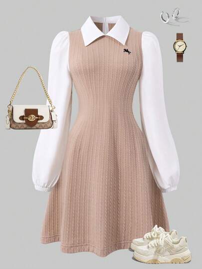 Sparklyn Streecool 少女休闲学院风少女纯色拼布长袖短款休闲连衣裙