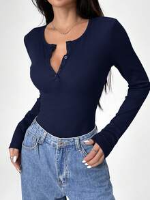 SHEIN EZwear Plus Size Casual Solid Color Long Sleeve Bodysuit Autumn/Winter,Christmas,New Year,Thanksgiving,Party,Wedding,Beach,Graduati,Chic,Elegant,Casual,Going Out,Date,Appointment,Commute - Navy Blue - View 5