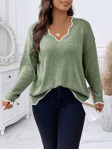 Calvaya Plus Size Casual Color Block V-Neck Drop Shoulder Sweater, Autumn/Winter - Mint Green - View 7