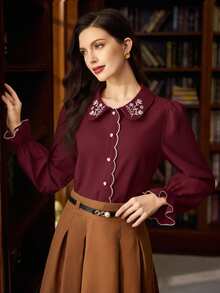 Vintamour Vintage Elegant Women's Floral Embroidery Contrast Trim Button Peter Pan Collar Casual Vacation Blouse Back To School Cute Tops Teacher Going Out Tops Women Fall School Babydoll Top Vacation Birthday Fall Winter Country Concert Western Wear Women Teacher Button Up Shirt Work Church,Red Tops For Women