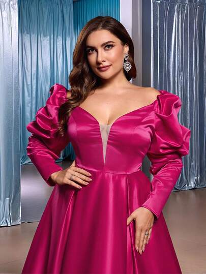 Glamrae Plus Size Elegant Romantic Fuchsia Off-Shoulder Cloud Long Sleeve Exaggerated Silhouette Wedding Dress With High Slit And Voluminous A-Line Skirt, Suitable For Weddings, Parties, Graduations, Formal Galas (Heavily Embellished Design)