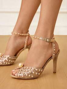 CUCCOO HITCHD 女士露趾珍珠装饰细高跟婚礼派对凉鞋 - 香檳色 - 查看 4