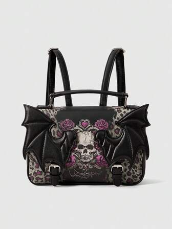 Goth Mochila de hombro con diseño de alas de murciélago estilo gótico, mochila escolar, Halloween