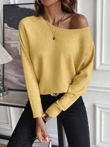 SHEIN LUNE Suéter de cuello redondo de manga larga de unicolor casual para mujer - Amarillo - Ver 6