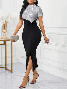 SHEIN Lady Women's Elegant Sequin Patchwork High Slit Dress Elegant Midi Dress Long Bodycon Dress - Silver - View 3