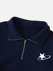 SHEIN Teen Girl Casual Navy Half-Zip Star Print Sweatshirt, Comfortable And Sporty, Suitable For Autumn/Winter Wear, Outdoor Picnic, Street Photography, Campus Use, Ins Style, Cute And Versatile, Suitable For School, Shopping, Sports And Other Occasions