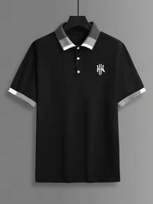 Manfinity Mode 男士刺绣纽扣休闲短袖 Polo 衫 男士 Polo 衫 黑色翻领衬衫 男士翻领衬衫 黑白衬衫 男士 Manfinity 男士衬衫 - 黑色 - 查看 3