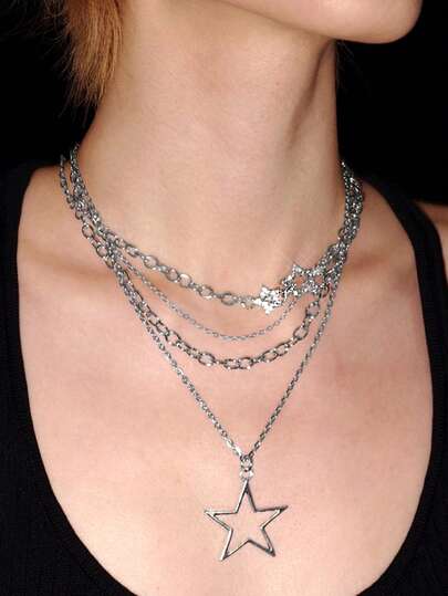 Y2Kool 3 Stücke Gothic Vintage Rock Einlegearbeit Strass Großer Stern Meteor Y2K Kette Stern Schicht Frauen Halskette Set