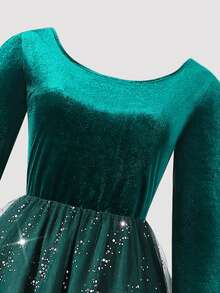 SHEIN Women's Green Velvet Sequin & Mesh Patchwork Dress, Suitable For Parties, Christmas