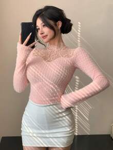 DAZY 秋冬拉绒蓬松立领蕾丝网眼拼布粉色修身衬衫，适合派对、返校、新年、圣诞节、长袖女式 T 恤 - 粉色 - 查看 6