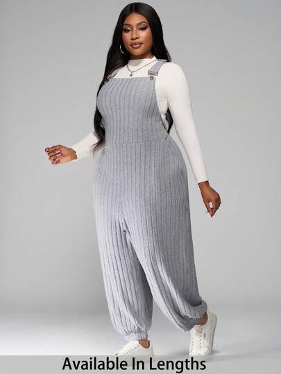 SHEIN PETITE CURVE Plus Size Gray Elastic Corduroy Overalls, Autumn/Winter Plus Size Jumpsuit Overall For Women Jumpsuit Plus Size Overalls For Women Plus Size Overall Jumpsuit