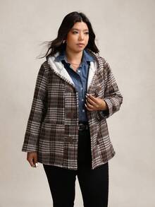 Zelara Women's Vintage Plaid Fleece Plus Size Loose Coat,Brown Winter Casual Hiking White Zip-Up Hoodie,Fall Thanksgiving Warm Cozy New Year Outerwear - Coffee Brown - View 2