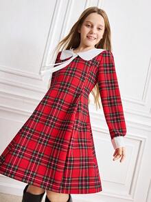 Vestito elegante a quadri natalizio per ragazza pre-adolescente, autunno/inverno - Rosso - Visualizzare 5