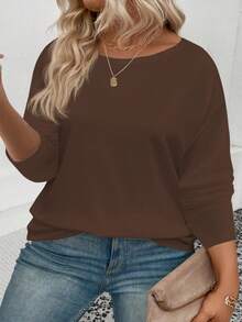 EMERY ROSE Women's All-Match Casual Crew Neck Long Sleeve Plus Size T-Shirt, Autumn/Winter - Coffee Brown - View 3