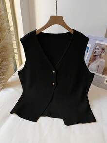 CosyJoli 秋冬大码舒适休闲优雅金属扣针织无袖毛衣背心 - 黑色 - 查看 5