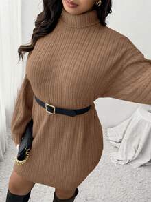 SHEIN Frenchy Vestido de cuello alto acanalado con textura suave, de estilo minimalista y casual, talla grande, adecuado para el tiempo libre y el hogar, otoño/invierno - Caqui - Ver 1