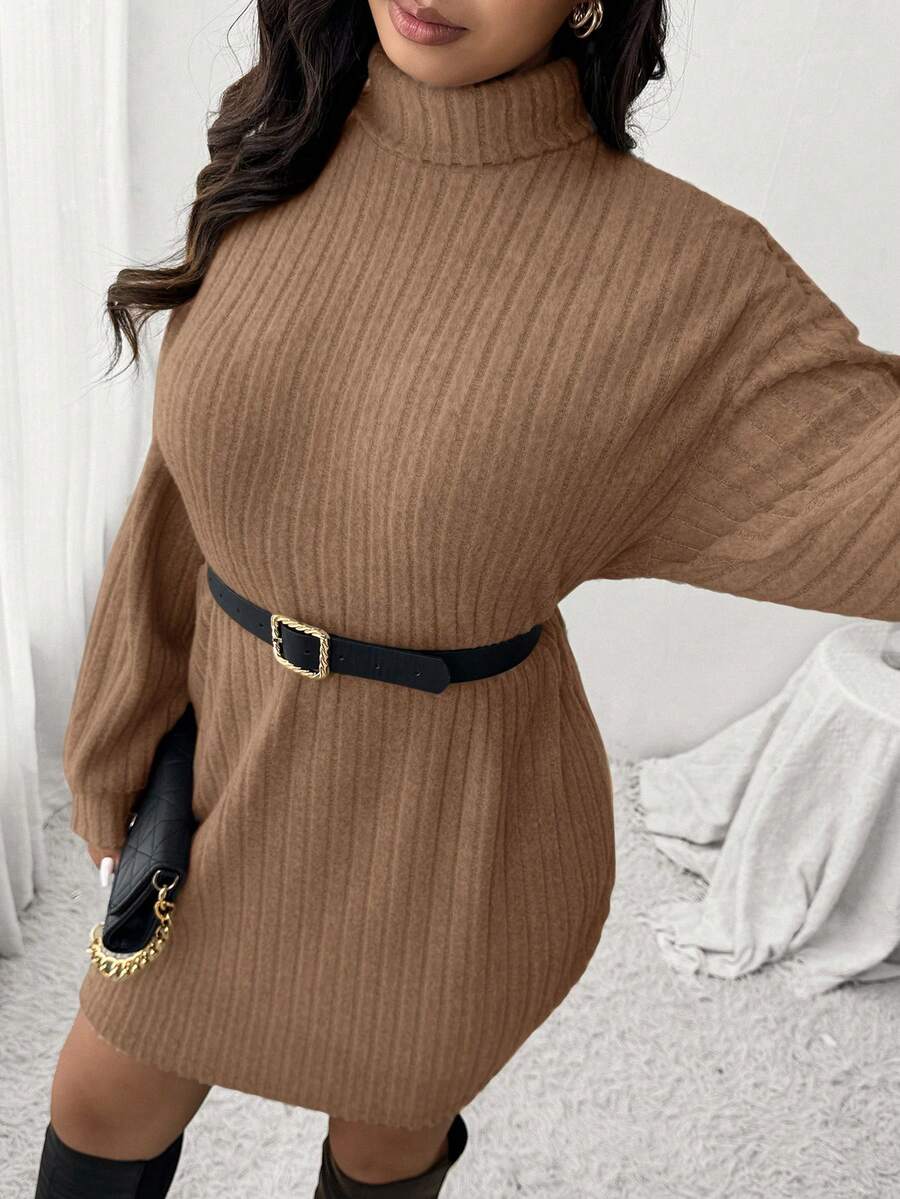 SHEIN Frenchy Vestido de cuello alto acanalado con textura suave, de estilo minimalista y casual, talla grande, adecuado para el tiempo libre y el hogar, otoño/invierno - Caqui - Ver 1