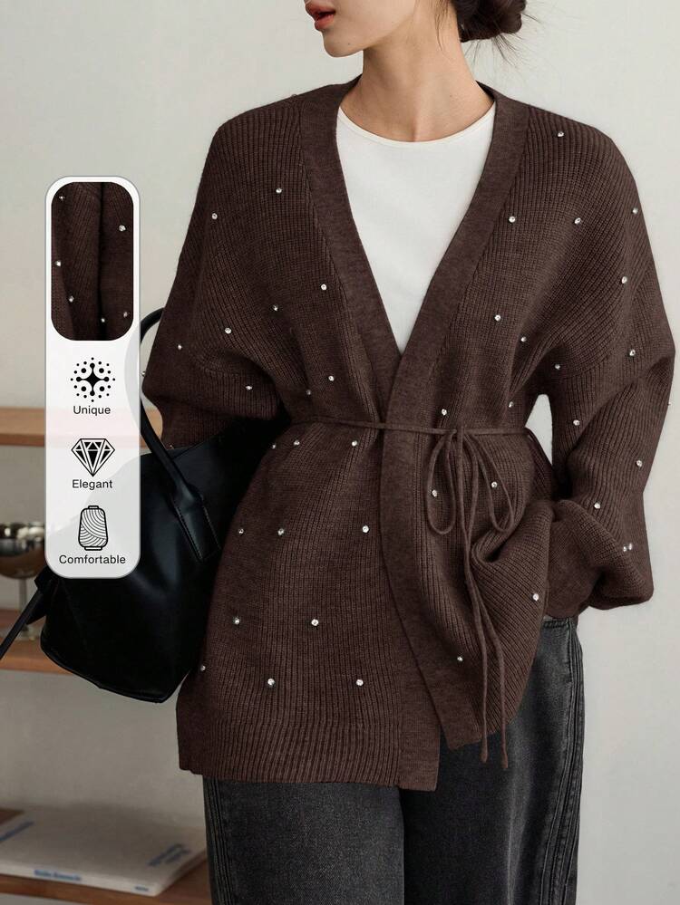 Women's Casual Loose Fit Cardigan With Rhinestone Decor, Drawstring Waist, Suitable For Business, Commute, And Everyday Wear, Autumn/Winter
