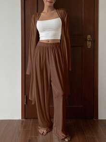 DAZY 2pcs Minimalist Soft Belted Robe & Straight Leg Pants Loungewear Set, Winter Clothes - Brown - View 5