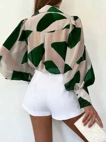 EMERY ROSE Plus Size Women Geometric Print Lantern Sleeve Single-Breasted Elegant Blouse - Green - View 2