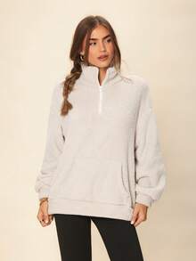 Coeurva Half Zip Pocket Drop Shoulder Teddy Sweatshirt,Long Sleeve Tops In Fall/Winter - Apricot - View 5