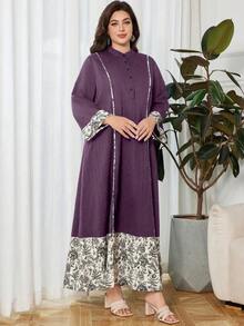 Lacomfia Plus Size Casual Printed Patchwork Long Sleeve Loose Fit Dress, Spring/Autumn - Multicolor - View 3