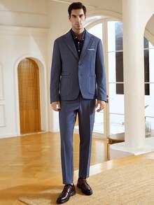 Manfinity Bizformal 男士纯色直领长袖前扣时尚商务西装 T2527，蓝色