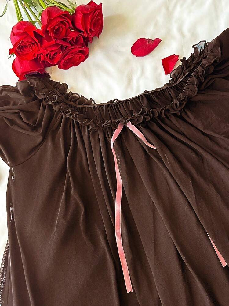 Charming Sheer Mesh Off-Shoulder Ruffle Hem Long Sexy Nightgown For Women