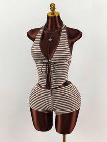 Amplova 深V领挂脖系带超低腰迷你条纹短裤两件套 - 卡其色 - 查看 3