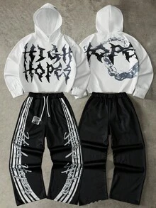Coolane Kids Bộ áo hoodie, áo nỉ in họa tiết tối màu phong cách đường phố thu/đông cho bé trai tuổi teen và quần ống rộng - Đen và trắng - Xem 5