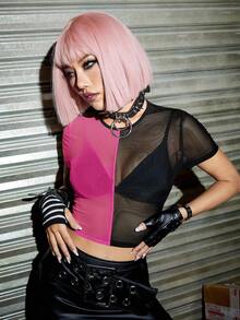 ROMWE PUNK 女式性感撞色网眼拼布短款上衣 - 玫紅色 - 查看 6