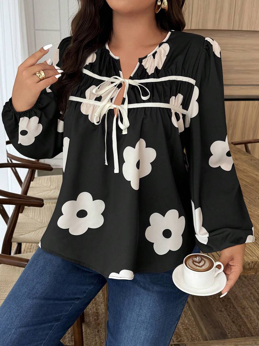 EMERY ROSE 大码花卉印花扭纹长袖休闲衬衫 - 彩色 - 查看 1