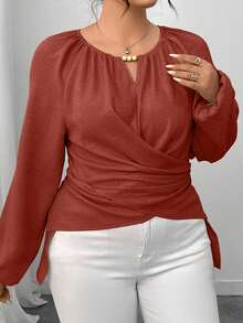 Elenzga Plus Size Women's Solid Color Keyhole Neck Raglan Lantern Sleeve Pleated Fashion Blouse - Redwood - View 6